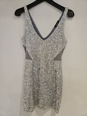 Silver Sequin V-Neck Party Dress by Bebe